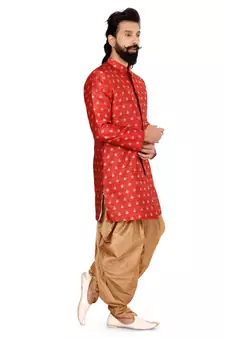 Men Red Jacquard Silk Dhoti Kurta Set