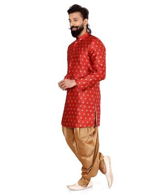 Men Red Jacquard Silk Dhoti Kurta Set 4