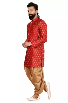 Men Red Jacquard Silk Dhoti Kurta Set