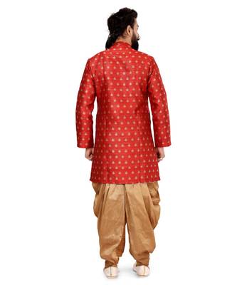 Men Red Jacquard Silk Dhoti Kurta Set 5