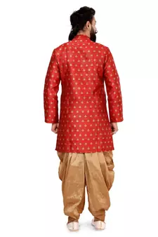 Men Red Jacquard Silk Dhoti Kurta Set