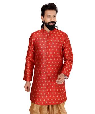 Men Red Jacquard Silk Dhoti Kurta Set 6