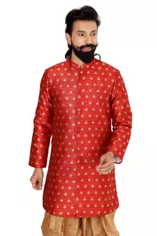 Men Red Jacquard Silk Dhoti Kurta Set