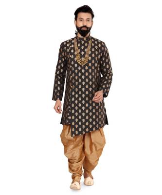 Men Black Jacquard Silk Dhoti Kurta Set 2