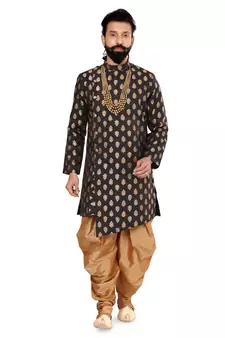Men Black Jacquard Silk Dhoti Kurta Set