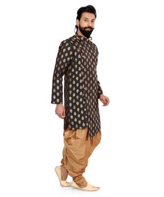 Men Black Jacquard Silk Dhoti Kurta Set 3