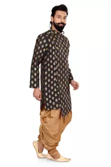 Men Black Jacquard Silk Dhoti Kurta Set