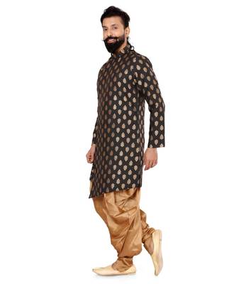 Men Black Jacquard Silk Dhoti Kurta Set 4