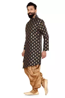 Men Black Jacquard Silk Dhoti Kurta Set