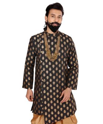 Men Black Jacquard Silk Dhoti Kurta Set 6