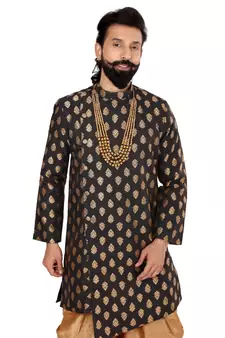 Men Black Jacquard Silk Dhoti Kurta Set