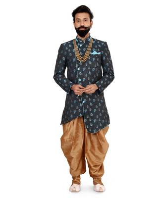 Men Black Jacquard Silk Dhoti Kurta Set 2