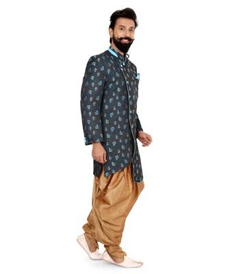 Men Black Jacquard Silk Dhoti Kurta Set 4