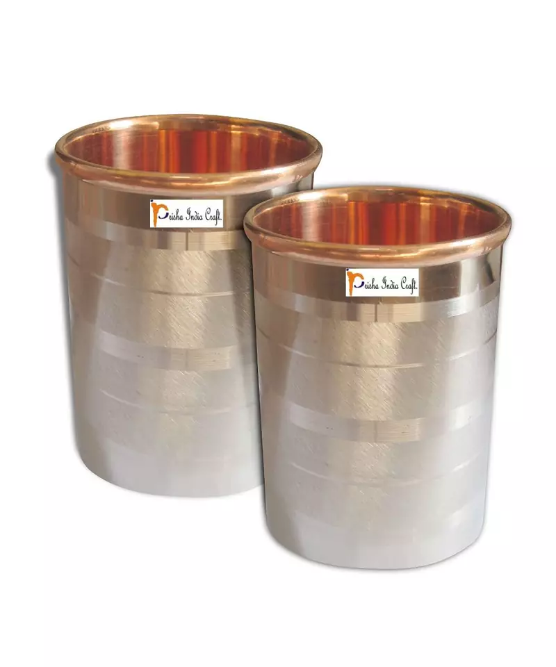 Prisha India Craft Luxury Design Steel Copper Glass Tumbler  Drinkware & Serveware Set  Capacity 250 ML  Set of 2