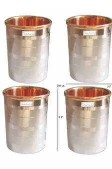 Prisha India Craft Luxury Design Steel Copper Glass Tumbler  Drinkware & Serveware Set  Capacity 250 ML  Set of 4