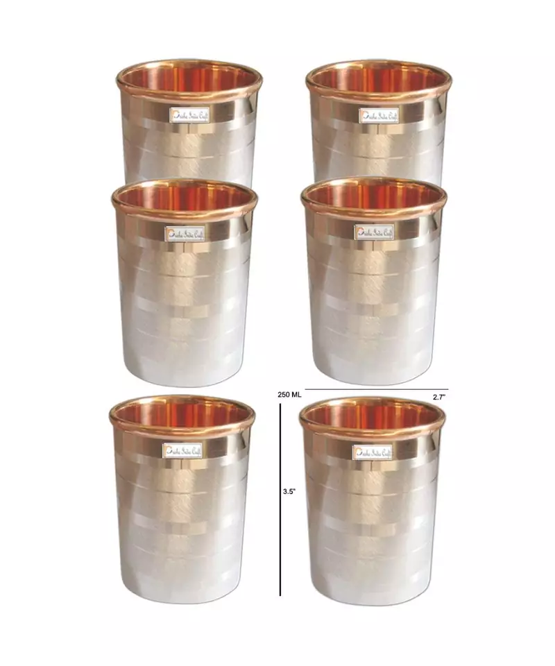 Prisha India Craft Luxury Design Steel Copper Glass Tumbler  Drinkware & Serveware Set  Capacity 250 ML  Set of 6