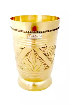 Prisha India Craft Pure Brass Mughlai Style Embossed Design Glass Tumbler   Drinkware & Serveware   Capacity 250 ML