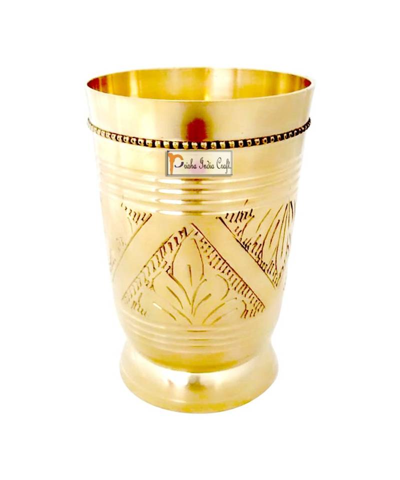 Prisha India Craft Pure Brass Mughlai Style Embossed Design Glass Tumbler   Drinkware & Serveware   Capacity 250 ML