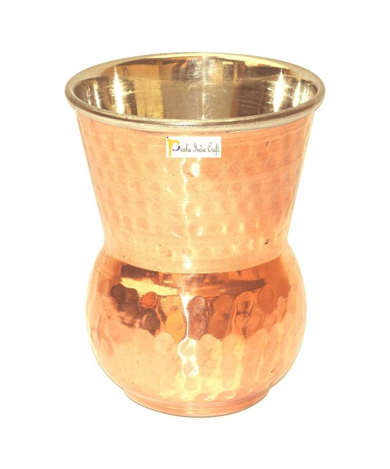 Prisha India Craft Copper Muglai Matka Glass Hammered Design Drinkware Tumbler   Capacity 270 ML