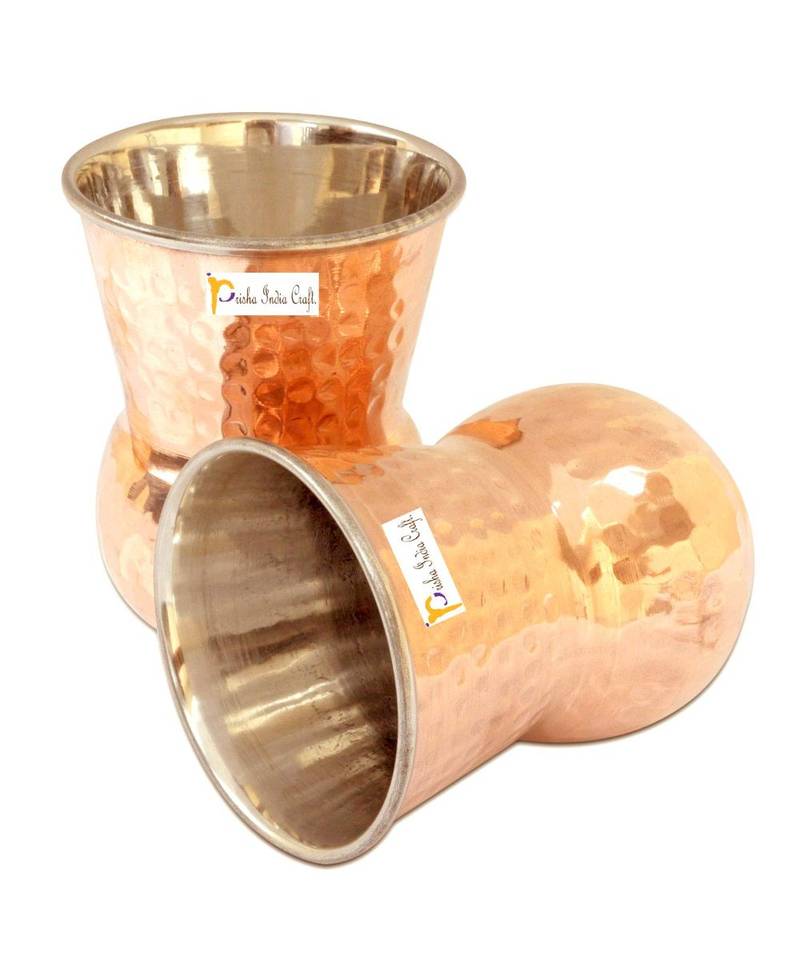 Prisha India Craft Steel Copper Muglai Matka Glass Tumbler Hammered Design  Capacity 270 ML  Set of 2
