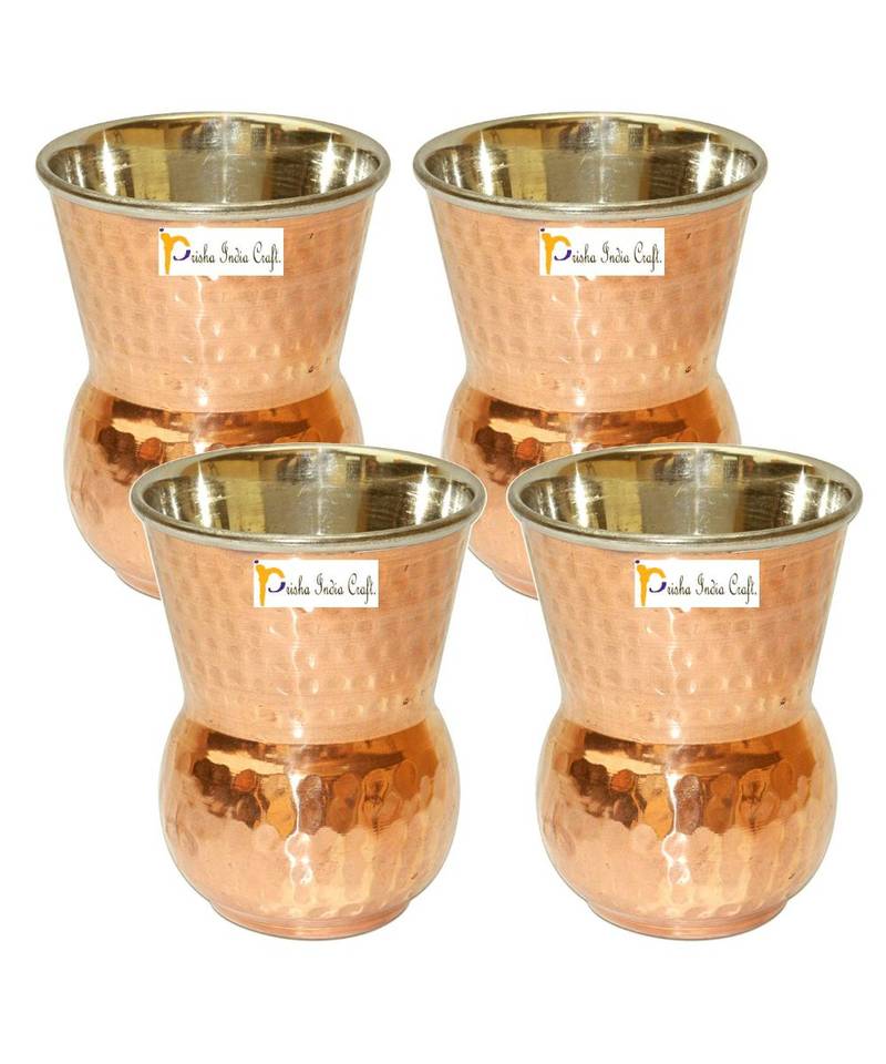 Prisha India Craft Steel Copper Muglai Matka Glass Tumbler Hammered Design  Capacity 270 ML  Set of 4