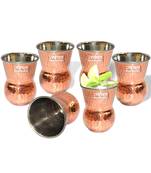 Prisha India Craft Steel Copper Muglai Matka Glass Tumbler Hammered Design  Capacity 270 ML  Set of 6