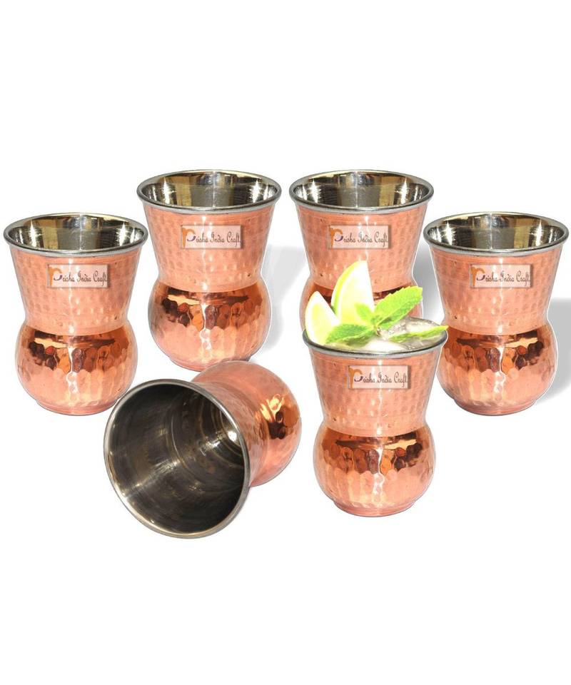 Prisha India Craft Steel Copper Muglai Matka Glass Tumbler Hammered Design  Capacity 270 ML  Set of 6