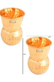 Prisha India Craft Pure Copper Muglai Matka Glass Tumbler Hammered Design  Capacity 375 ML  Set of 2