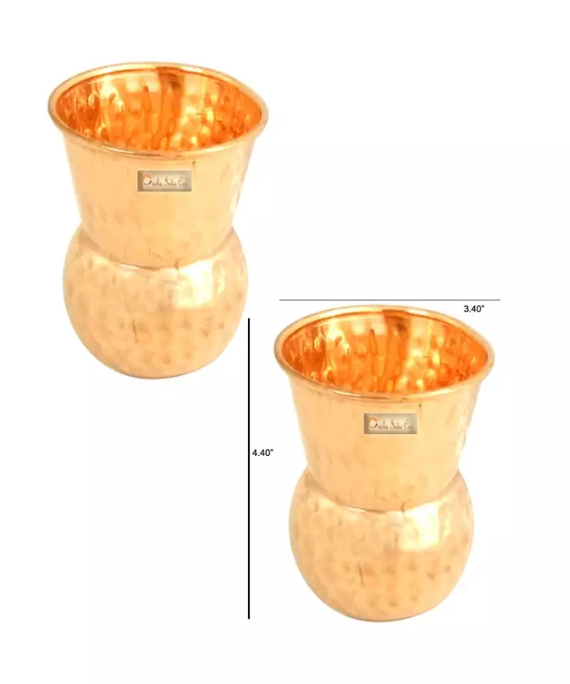 Prisha India Craft Pure Copper Muglai Matka Glass Tumbler Hammered Design  Capacity 375 ML  Set of 2