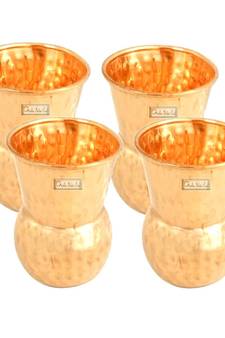 Prisha India Craft Pure Copper Muglai Matka Glass Tumbler Hammered Design  Capacity 375 ML  Set of 4
