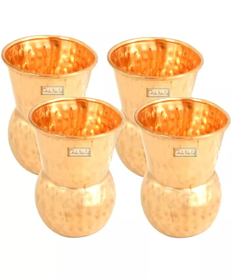 Prisha India Craft Pure Copper Muglai Matka Glass Tumbler Hammered Design  Capacity 375 ML  Set of 4