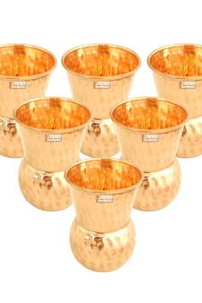 Prisha India Craft Pure Copper Muglai Matka Glass Tumbler  Hammered Design  Capacity 375 ML  Set of 6