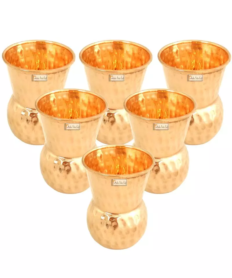 Prisha India Craft Pure Copper Muglai Matka Glass Tumbler  Hammered Design  Capacity 375 ML  Set of 6
