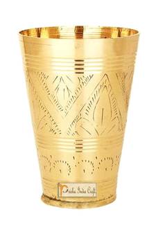 Prisha India Craft Pure Brass Mughlai Style Embossed Designer Glass Tumbler   Drinkware & Serveware   Capacity 250 ML