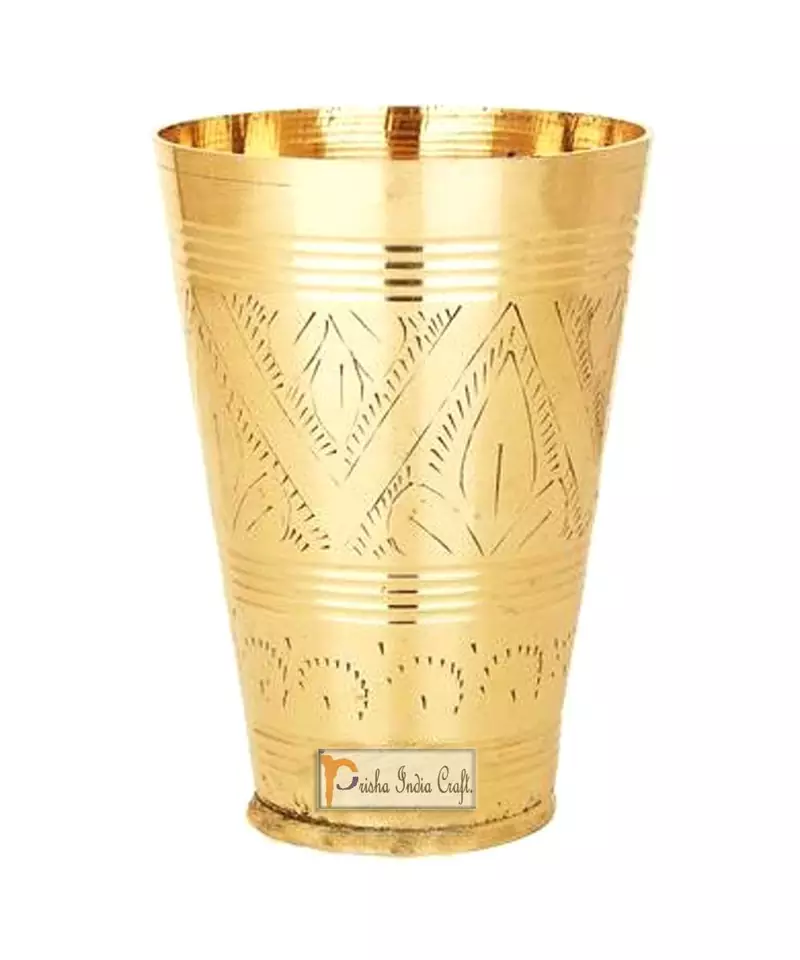 Prisha India Craft Pure Brass Mughlai Style Embossed Designer Glass Tumbler   Drinkware & Serveware   Capacity 250 ML