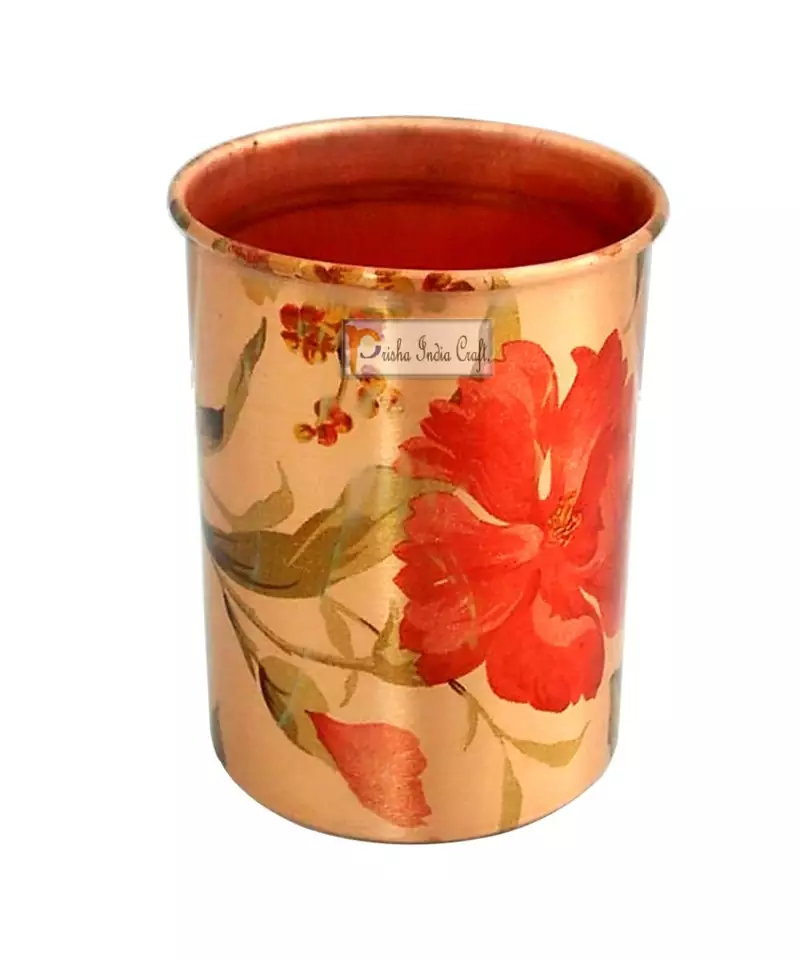 Prisha India Craft Pure Copper Digital Printed Flower Design Glass Tumbler  300 ML