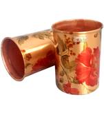 Prisha India Craft Pure Copper Digital Printed Flower Design Glass Tumbler  300 ML  Set of 2