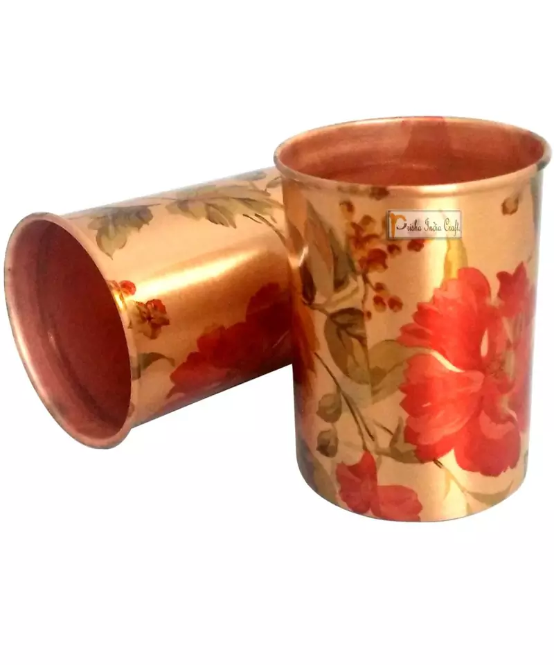 Prisha India Craft Pure Copper Digital Printed Flower Design Glass Tumbler  300 ML  Set of 2