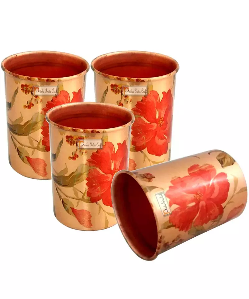 Prisha India Craft Pure Copper Digital Printed Flower Design Glass Tumbler  300 ML  Set of 4