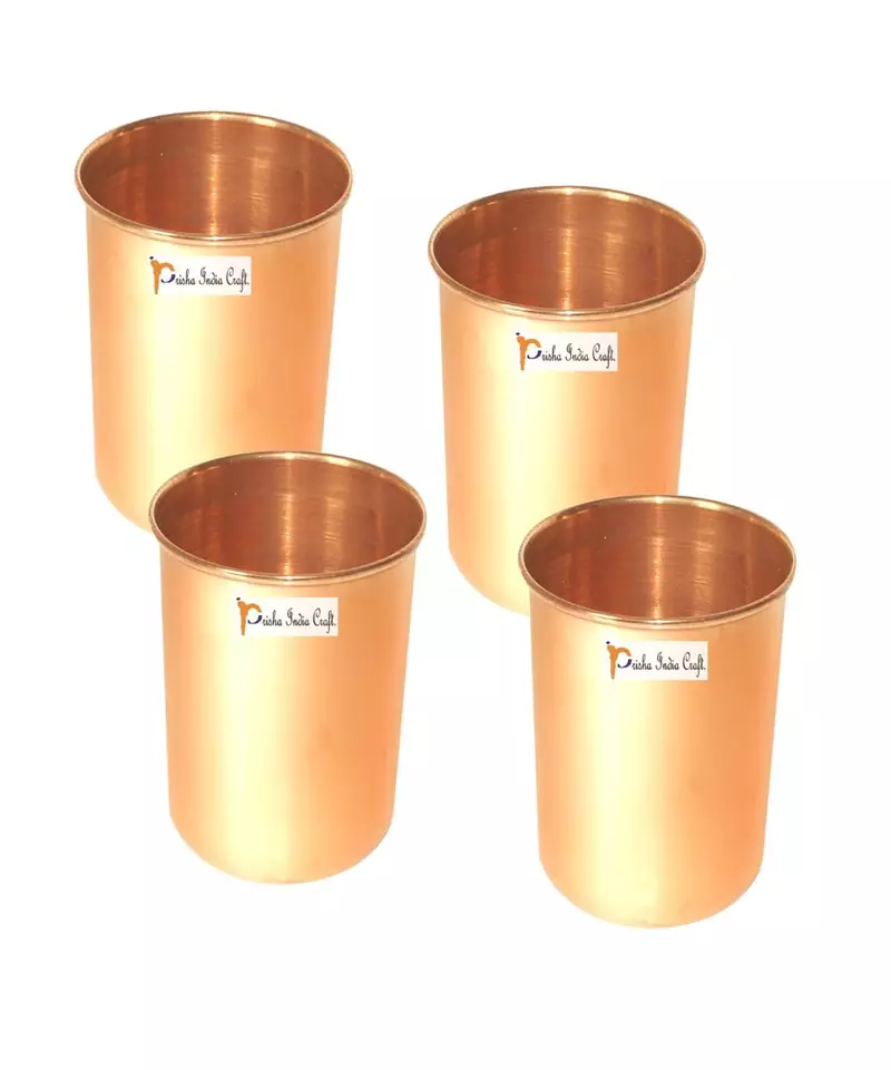 Prisha India Craft Pure Copper Glass Tumbler  Capacity 320 ML  Set of 4 (Brown)