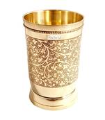 Prisha India Craft Pure Brass Mughlai Style Embossed Design Glass Tumbler  250 ML (Gold)