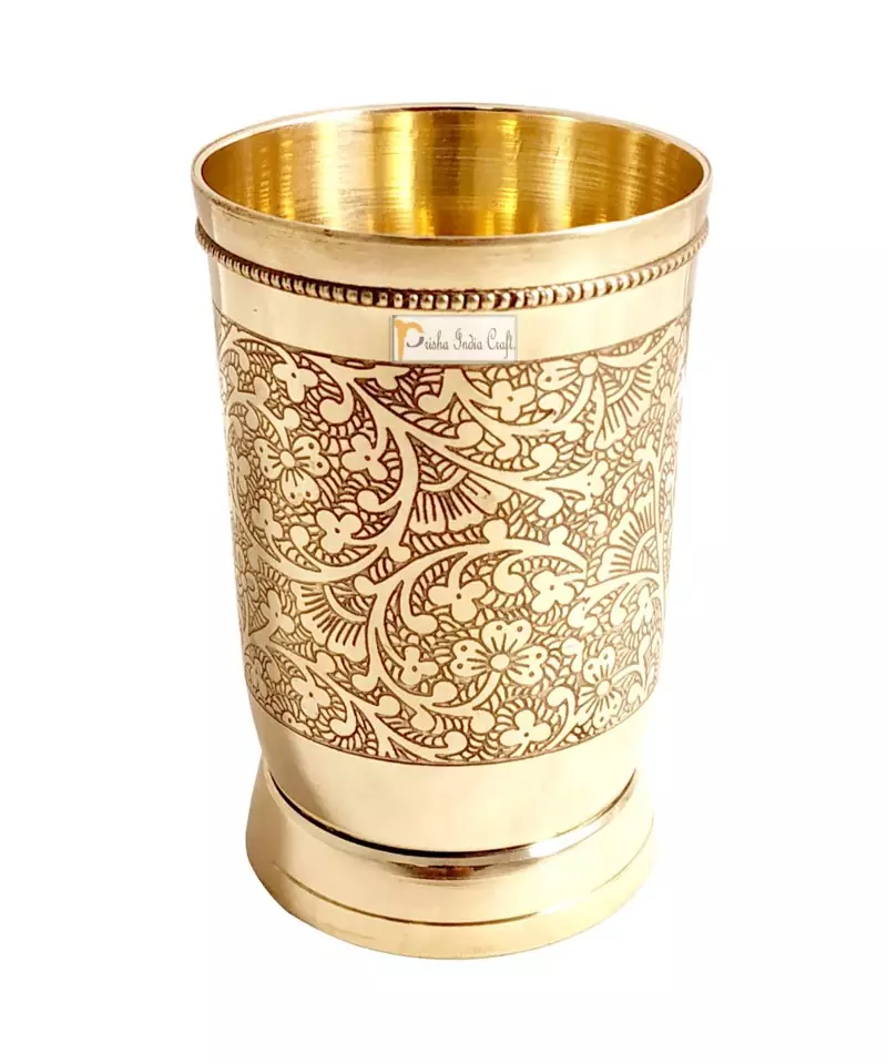Prisha India Craft Pure Brass Mughlai Style Embossed Design Glass Tumbler  250 ML (Gold)