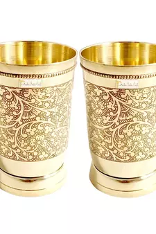 Prisha India Craft Pure Brass Mughlai Style Embossed Design Glass Tumbler  250 ML  Set of 2