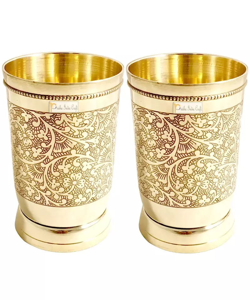 Prisha India Craft Pure Brass Mughlai Style Embossed Design Glass Tumbler  250 ML  Set of 2