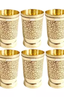 Prisha India Craft Pure Brass Mughlai Style Embossed Design Glass Tumbler  250 ML  Set of 6