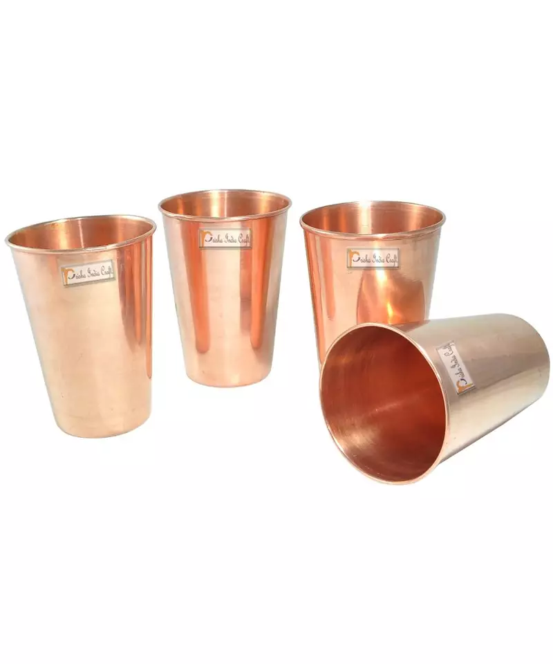 Prisha India Craft Pure Copper Glass Tumbler  Drinkware Set  Capacity 400 ML  Set of 4 Pieces