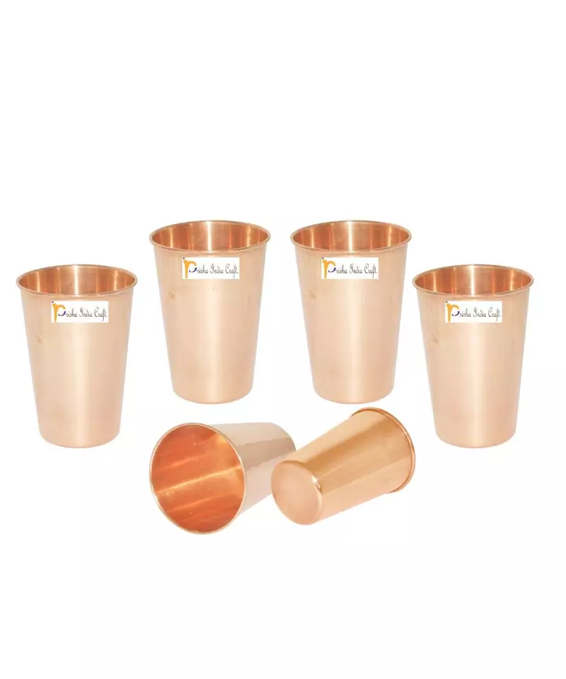 Prisha India Craft Copper Glass Ayurvedic Drinkware Tumbler  400 Ml  Set of 6  Brown  Standard