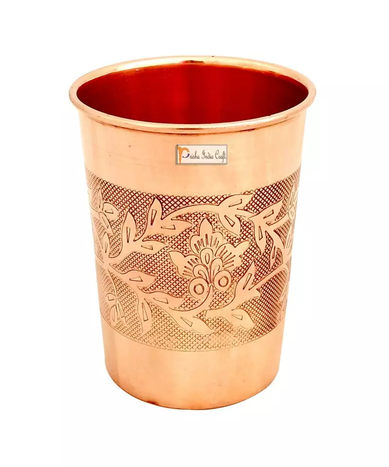 Prisha India Craft Pure Copper Embossed Design Glass Tumbler  240 ML