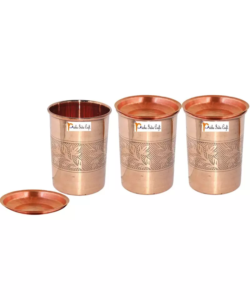 Prisha India Craft Pure Copper Embossed Design Glass Tumbler  240 ML  Set of 3