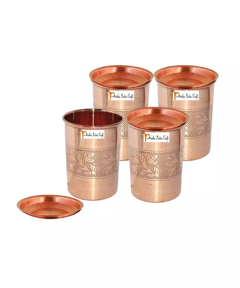 Prisha India Craft Pure Copper Embossed Design Glass Tumbler  240 ML  Set of 4